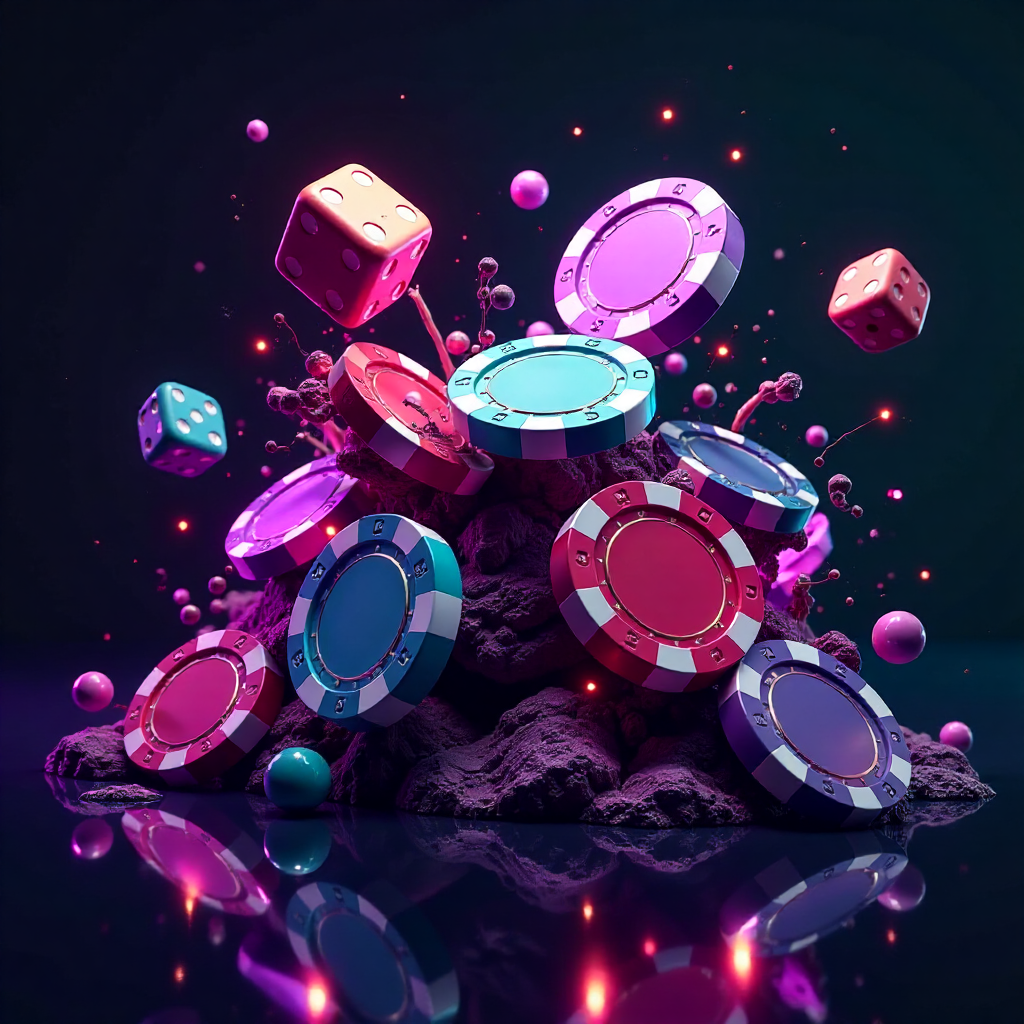 Dynamic 3D explosion of purple and teal casino chips, Solana coins, and dice mixed with subtle liquid metal ribbons in German flag colors (black, red, gold), dark charcoal reflective background, neon energy trails, futuristic high-tech gambling art, high